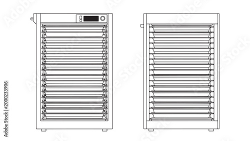 Detailed line art illustration of a modern electric food dehydrator appliance, featuring multiple removable trays and a digital control panel for healthy food preservation and drying.
