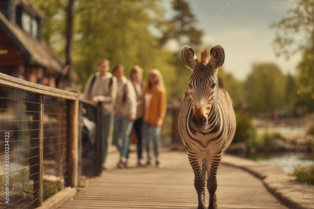 Fototapeta premium Zebra stands on wooden pathway with blurred people watching in an outdoor park setting