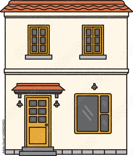 Classic Two Story House with Orange Roof Cartoon Illustration