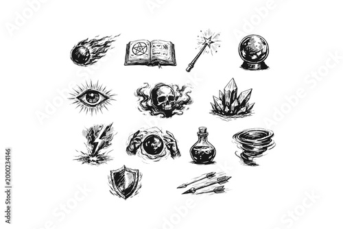 Collection of mystical and magical symbols and elements in sketch style