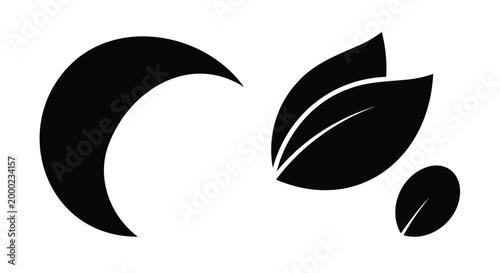 Black leaf, crescent moon, and seed icons, minimalist nature symbols, eco friendly, botanical, simple shapes