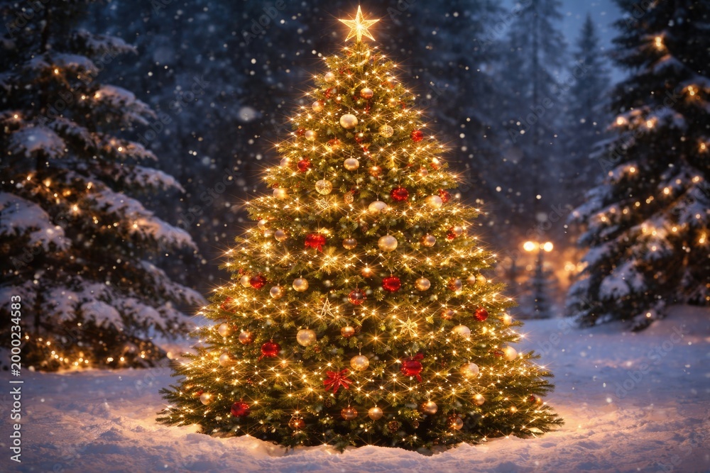 Fototapeta premium Cheerful Christmas pine tree illuminated by numerous tiny glowing bulbs