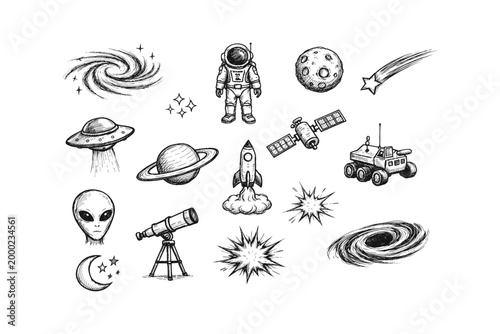 Collection of hand-drawn space exploration and cosmic elements in sketch style