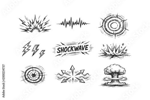 Collection of hand-drawn explosion and sound wave graphic elements