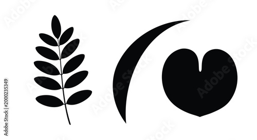 Black leaf, crescent moon, and heart icons, minimalist symbols, eco friendly, simple shapes