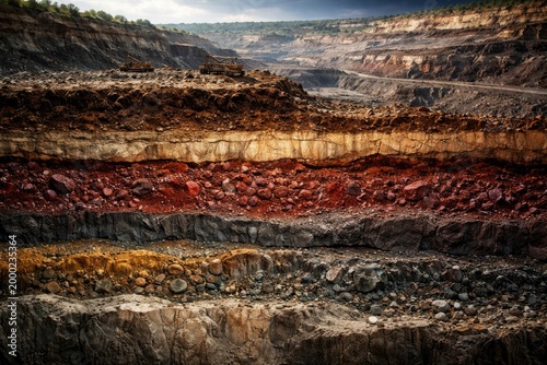 Iron ore mine geological cross-section showing stratified soil and ore layers with mineral variety