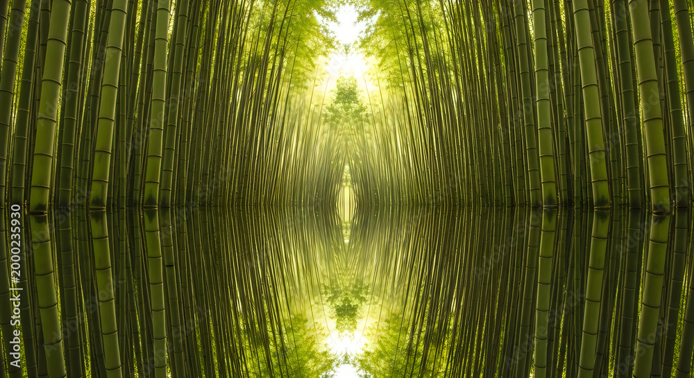 Fototapeta premium Serene bamboo forest reflected in water under bright sunlight with lush green foliage