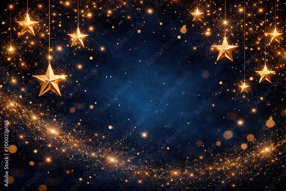 Fototapeta premium Dark blue abstract background decorated with shiny gold stars and glowing festive particles