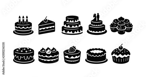 Celebration cakes icons set including birthday wedding and cupcake varieties for parties.
