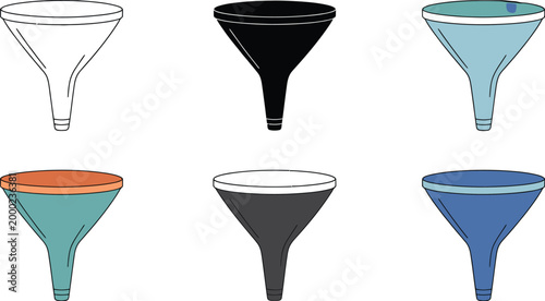 Funnel icon set featuring colorful and black line art styles for laboratory kitchen automotive and industrial liquid pouring isolated on white background