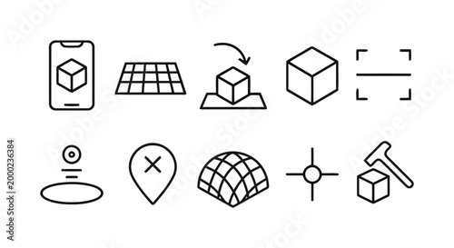 Collection of augmented reality icons line art and filled icons set.