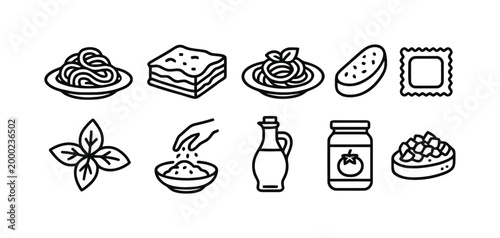 Collection of italian food and ingredients icons for cooking and dining.