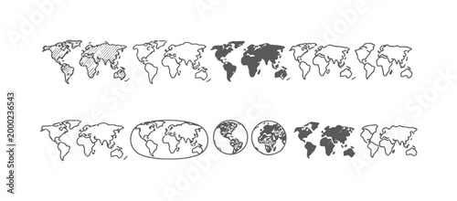 Collection of stylized world maps in various styles and presentations.