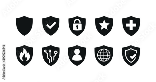 Collection of various shield icons representing security safety protection and technology symbols.