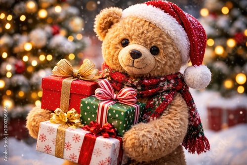 Delightful teddy bear holding colorful holiday gifts for festive decorations