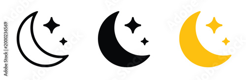 Crescent moon and stars icon set in outline, solid black, and yellow color variations.