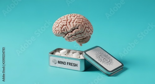 A human brain model floating above an open 'MIND FRESH' tin filled with white pills on a teal background, symbolizing mental clarity and cognitive enhancement.
