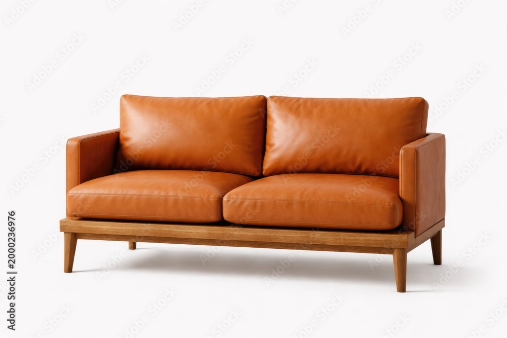 Fototapeta premium Compact orange leather settee featuring wooden base against plain white backdrop