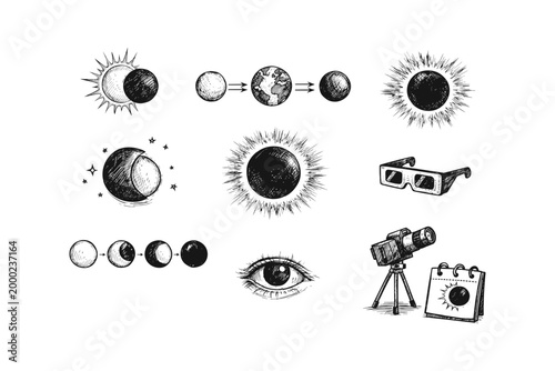 Celestial event illustrations showing phases of eclipse and astronomical observation tools