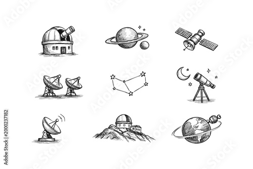 Collection of hand-drawn astronomy icons and symbols for space exploration and science