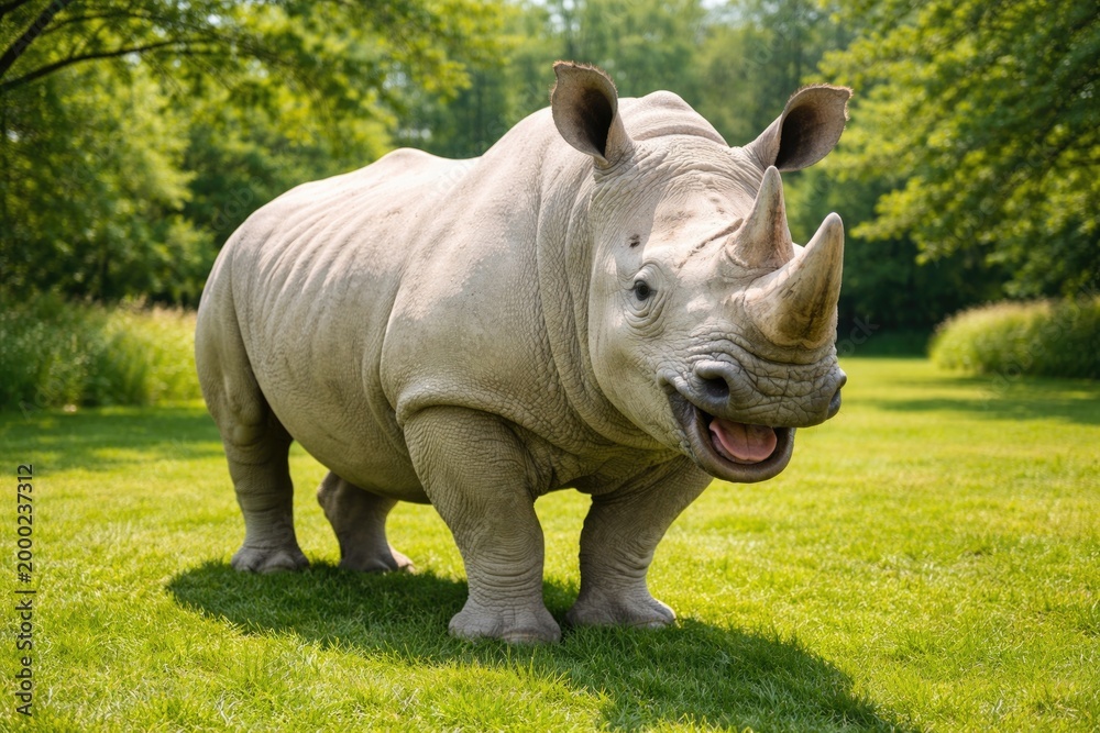 Fototapeta premium Cheerful large white rhinoceros pet on green grass lawn in bright summer full length view