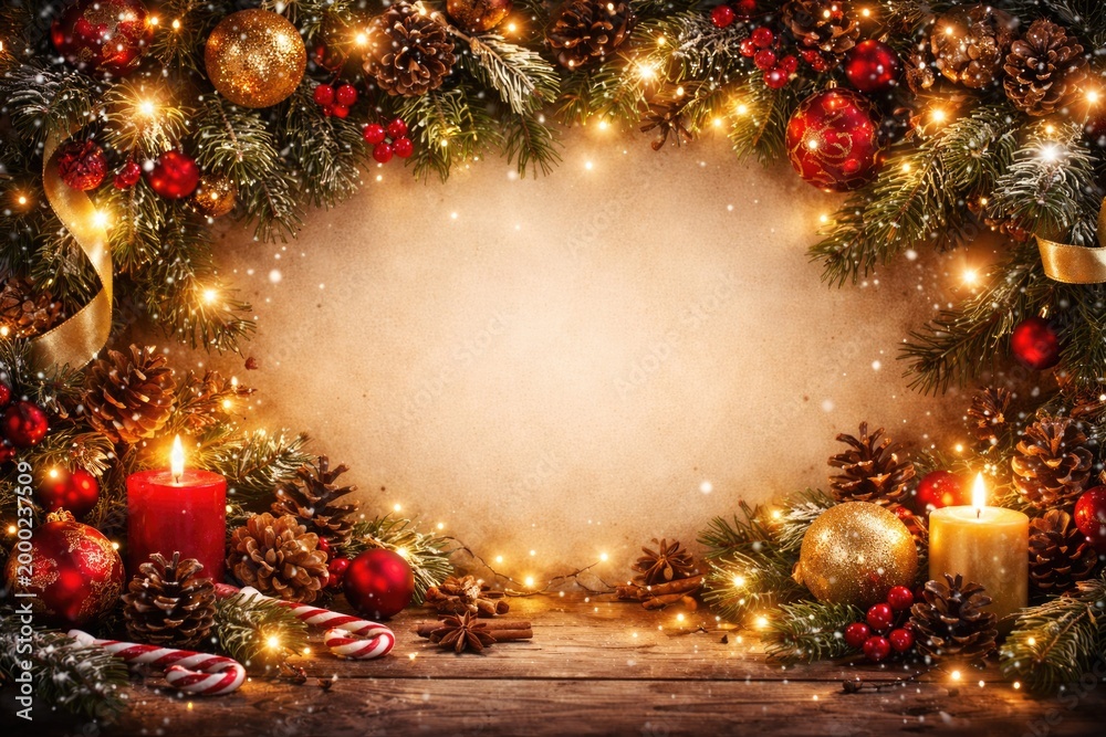 Fototapeta premium Decorative Christmas setup with designated copy space for holiday card design