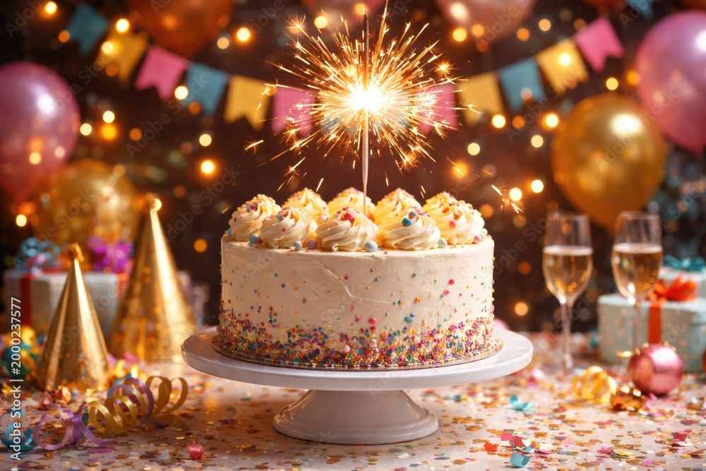 Fototapeta premium Happy celebration cake with dazzling sparkler and decorative backdrop