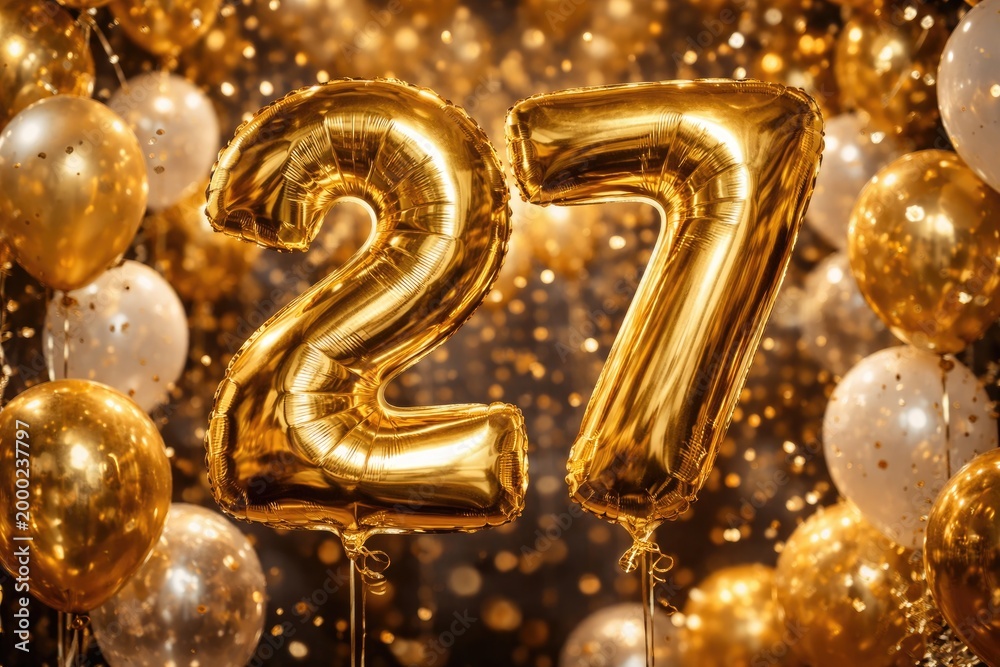 Obraz premium Golden foil balloons displaying number 27 for joyful party celebrations