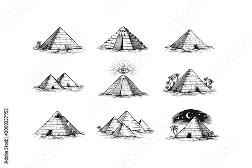 Collection of hand-drawn Egyptian pyramids and ancient structures in a sketch style