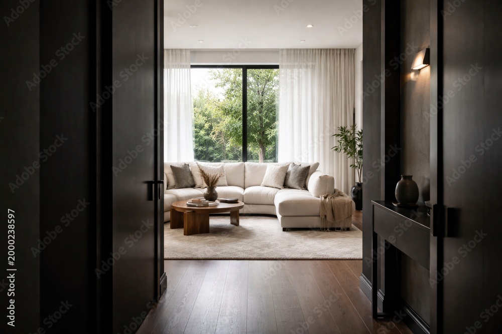 Fototapeta premium Chic white sofa in bright sitting room seen from dark hallway in modern home