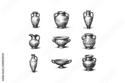 Collection of ancient Greek pottery and amphorae sketches