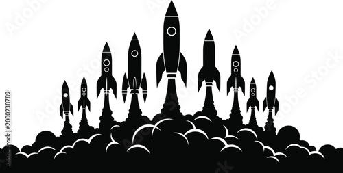 Silhouette of Multiple Rockets Launching into Space with Smoke Clouds in Dramatic Black and White Vector Illustration