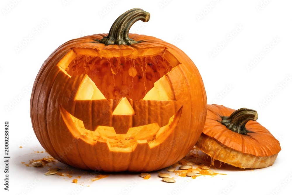 Fototapeta premium Halloween pumpkin showing hollow interior with lid off on white background