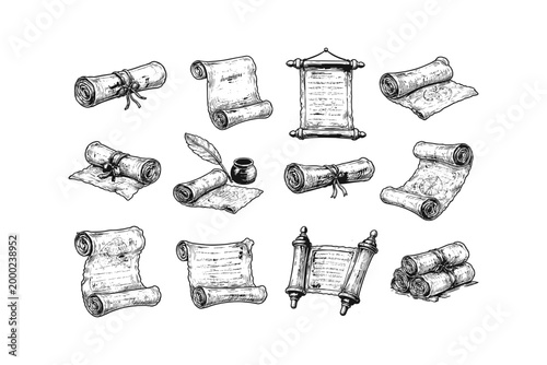 Collection of vintage scrolls and documents with quill and inkwell