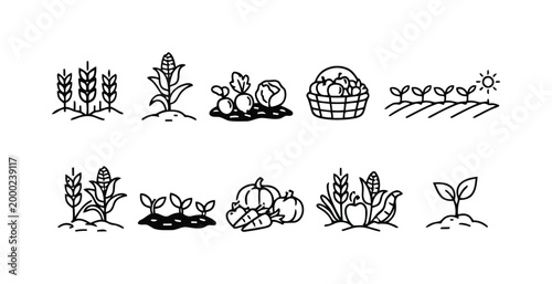 Farming and agriculture icons set showing harvest vegetables and crops in garden and field.