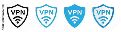 Set of four vpn icons with shield and wifi symbol for network security and privacy.