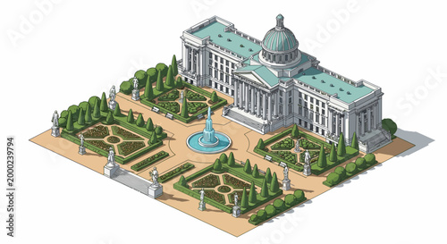 Isometric vector illustration of a presidential palace building with an icon design, featuring people in the park and presidency area, set against a clean white background, creating a world