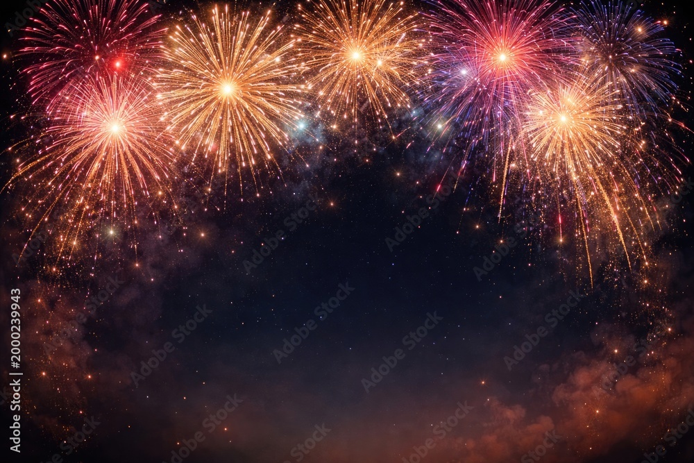 Fototapeta premium Bright fireworks lighting up dark sky with space for text