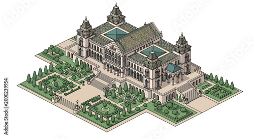 Isometric vector illustration of a Presidential Palace with gardens, featuring a detailed architectural design and small people in the park, set against a clean white background