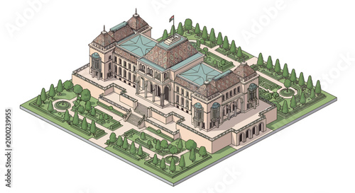 Isometric vector illustration of a Presidential Palace design, featuring a detailed building in a park setting with people depicted as icons, set against a light background
