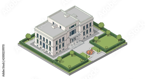 Isometric vector illustration showing the Presidential Palace, featuring people enjoying the park around the building, with a clean and modern design conveying a sense of peace