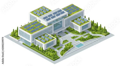Isometric vector illustration of a modern Presidential Palace building design surrounded by parkland, showcasing sustainable architecture with rooftop solar panels in a clean, minimalist