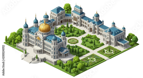 Isometric vector illustration showcasing the Presidential Palace design, featuring a detailed palace building with a golden dome, lush park, and surrounding landscape, all presented