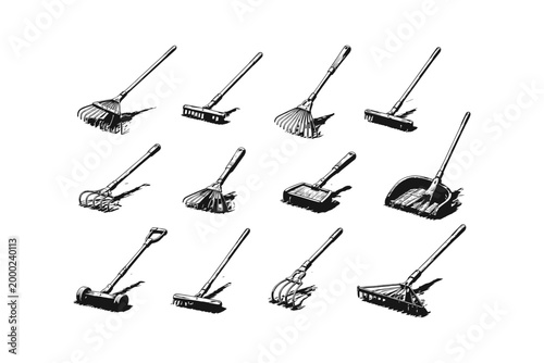 Collection of garden and cleaning tools, hand-drawn illustration style
