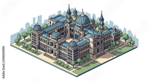 Isometric vector illustration of the Presidential Palace design, featuring people in the park, set against a neutral background with a clean architectural style that conveys a sense