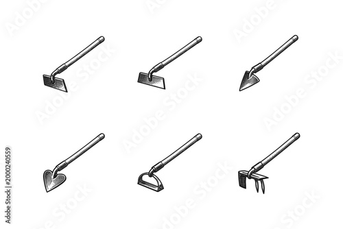 Collection of six different garden hoes and hand tools for cultivation and weeding