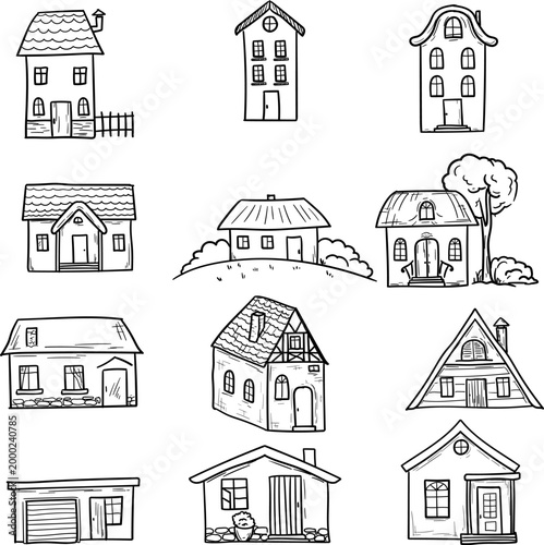 Rustic houses and huts, hand-drawn sketch. Vector illustration. A set of small cottages with trees and a fence isolated on a white background