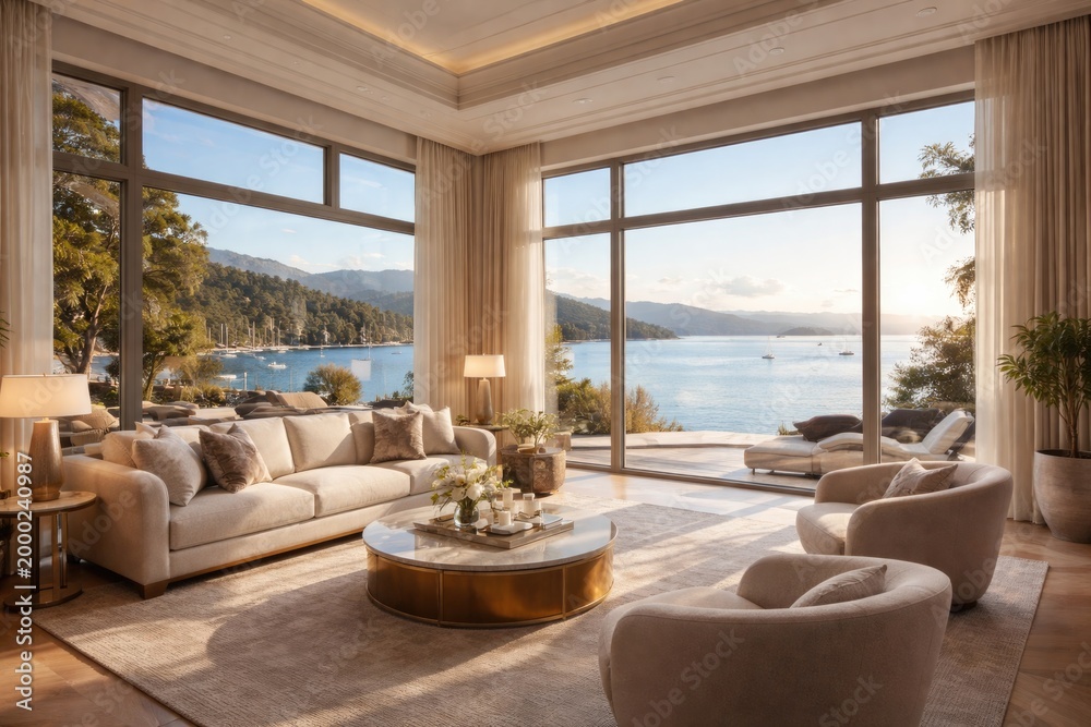 Fototapeta premium Elegant living space with large windows revealing broad waterfront vistas