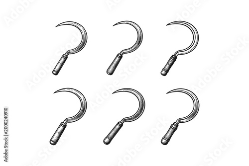 Collection of vintage sickles with wooden handles, engraved style illustration
