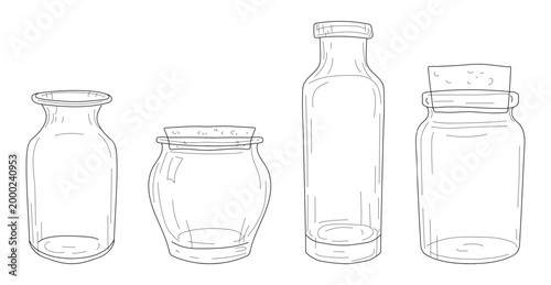 Glass jars for storing wine and compotes, the sketch is hand-drawn. Vector illustration. A set of glassware is isolated on a white background. Chemical Flask